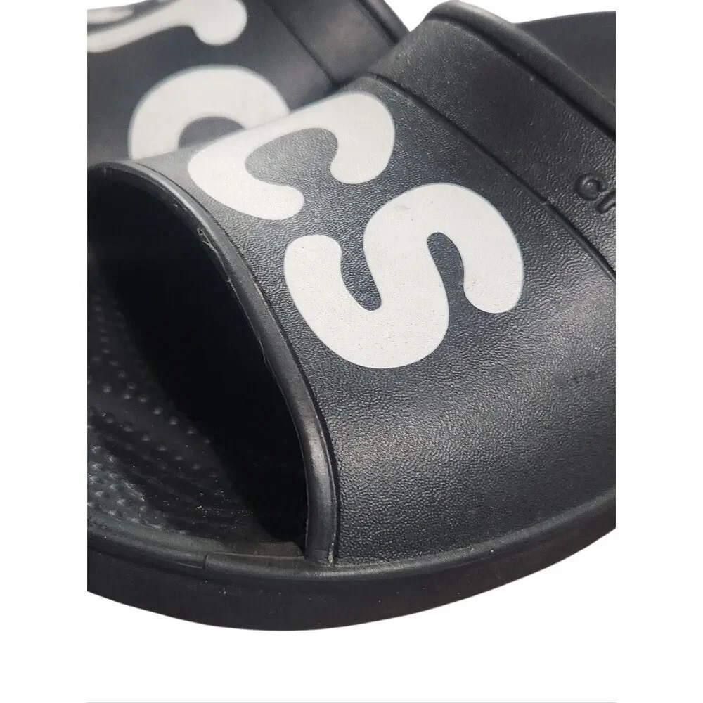 Crocs Black Slides Iconic Classic Sandals Graphic Spell Out Mens 11 Black Unisex